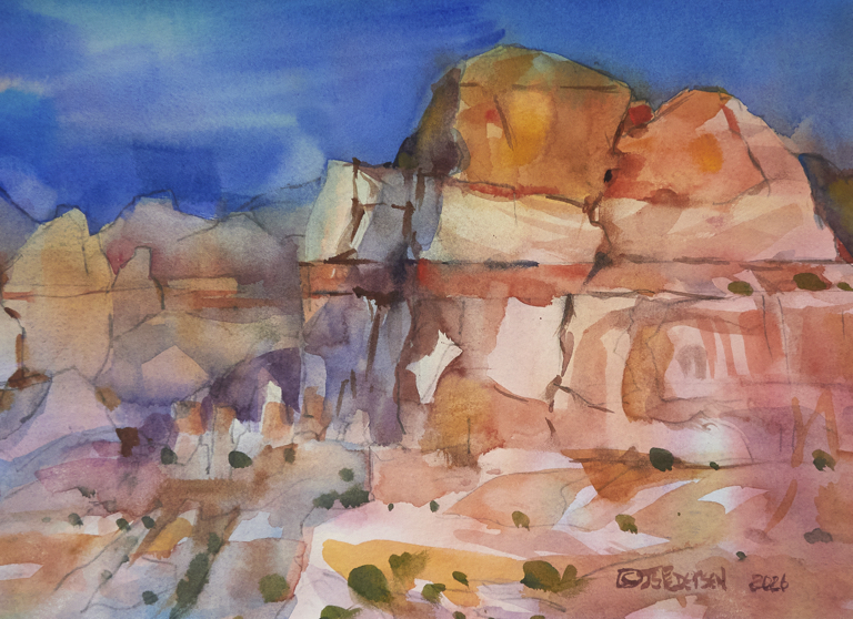 Layered Butte, Escalante 
2026   &frac14; Sheet
Art approx: 10.5 x14.5&rdquo;
Frame/Mat: 16x20&rdquo;