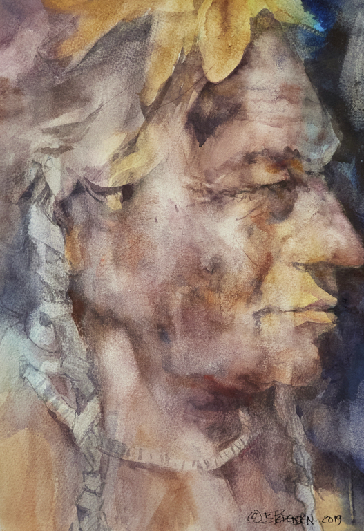 Makoyepuk &ldquo;Wolf-Child&rdquo;
2019   &frac14; Sheet
-After Edward Curtis Photo&copy;1926-
Art: 10.5 x14.5&rdquo;
Frame: 16x20&rdquo;