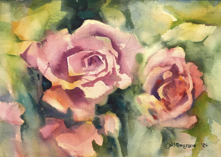 Summer Roses, 2024 
2025   &frac14; Sheet
Art approx: 10.5 x14.5&rdquo;
Frame/Mat: 16x20&rdquo;